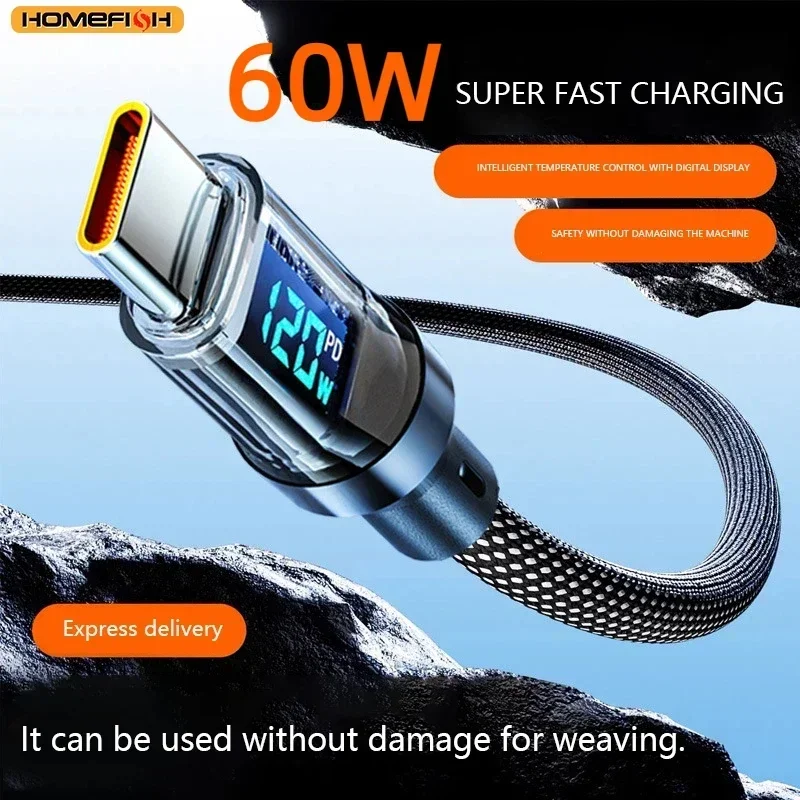 HOMEFISH 60W USB-C Super Fast Charging Cable with Digital Display, Braided Anti-Fracture Wire, Maximum Compatible with 120W