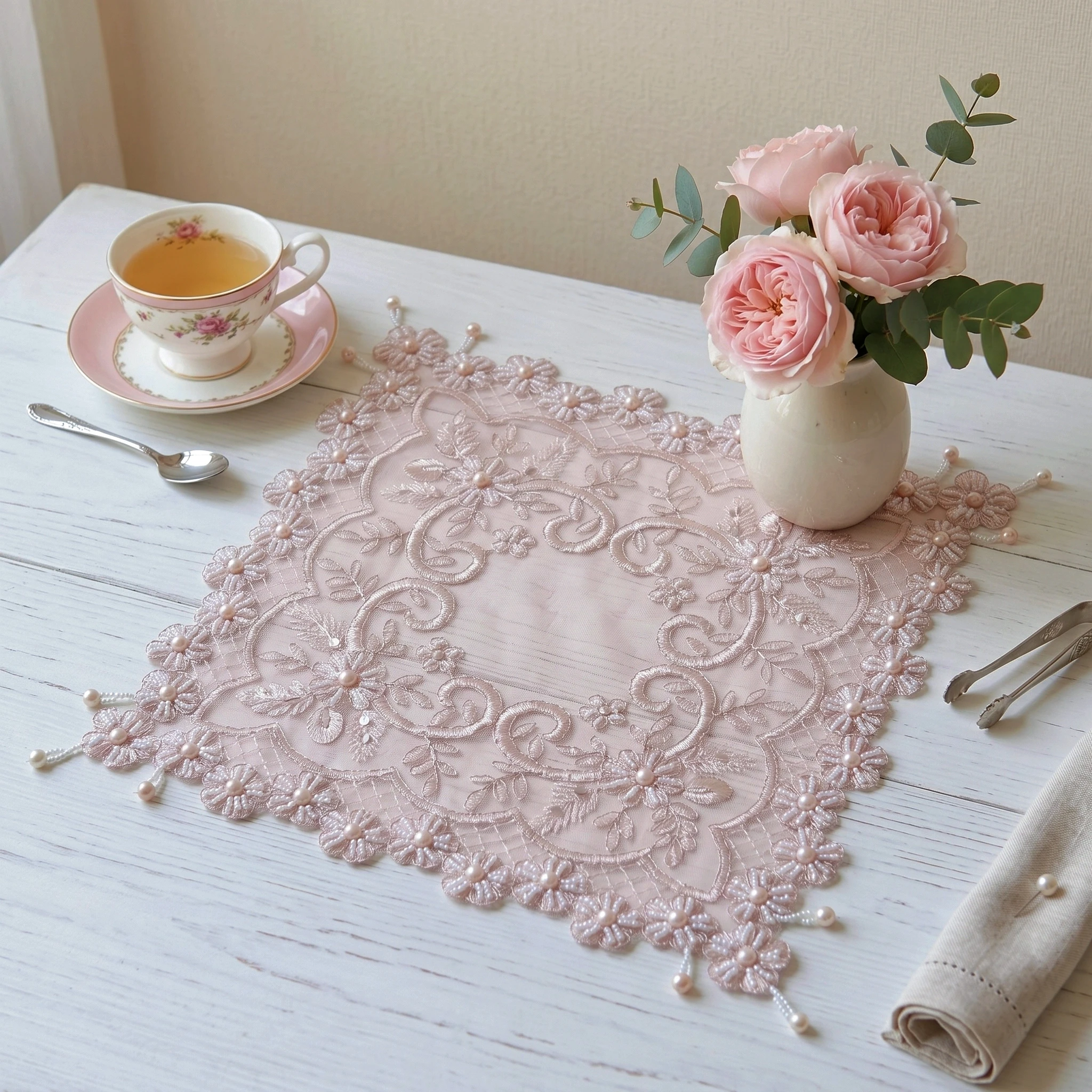 Placemat Set 4pcs Pink Embroidered Placemats Lace Napkins Luxury Handmade Beaded Coasters Furniture Decor Small Covers