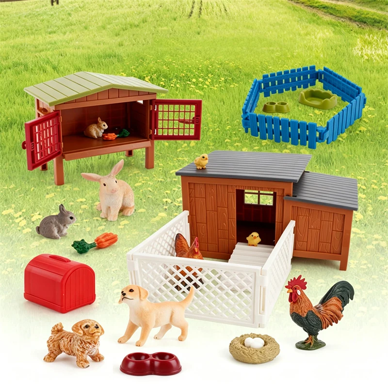 Simulation Farm Animals Model Assembly Farmhouse Fence Poultry Chicken Craft Play House Toys for Children Holiday Gift