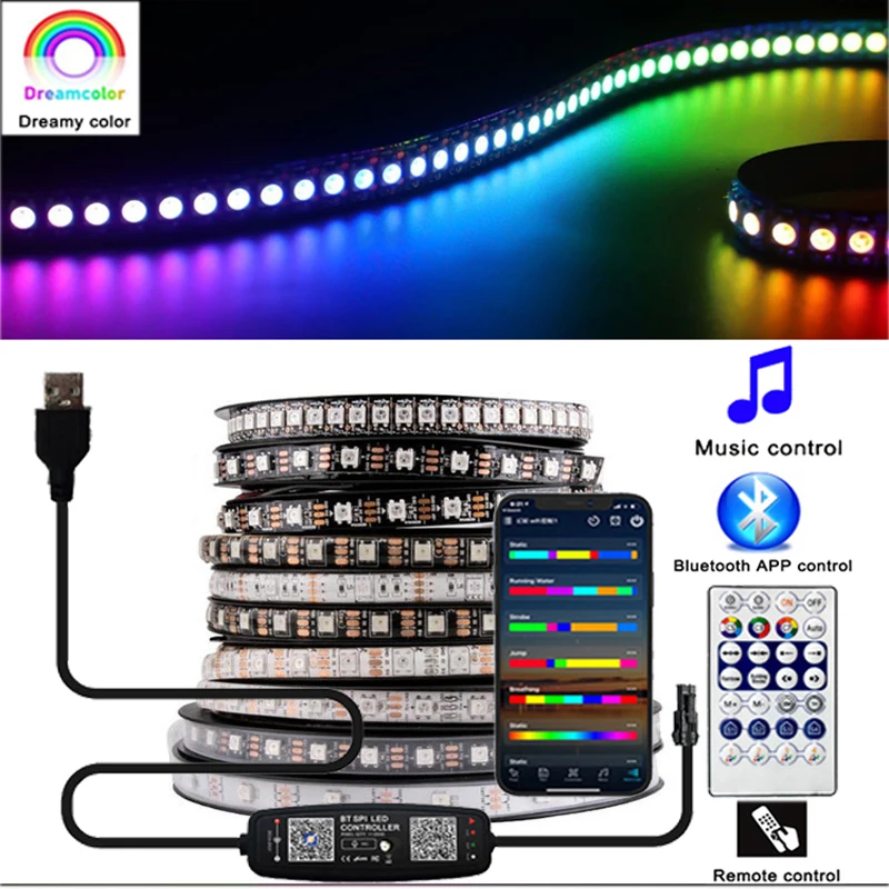 Tira de LED inteligente RGBIC WS2812B, direccionable individualmente, RGB, impermeable y Bluetooth, Kit de control por aplicación remota