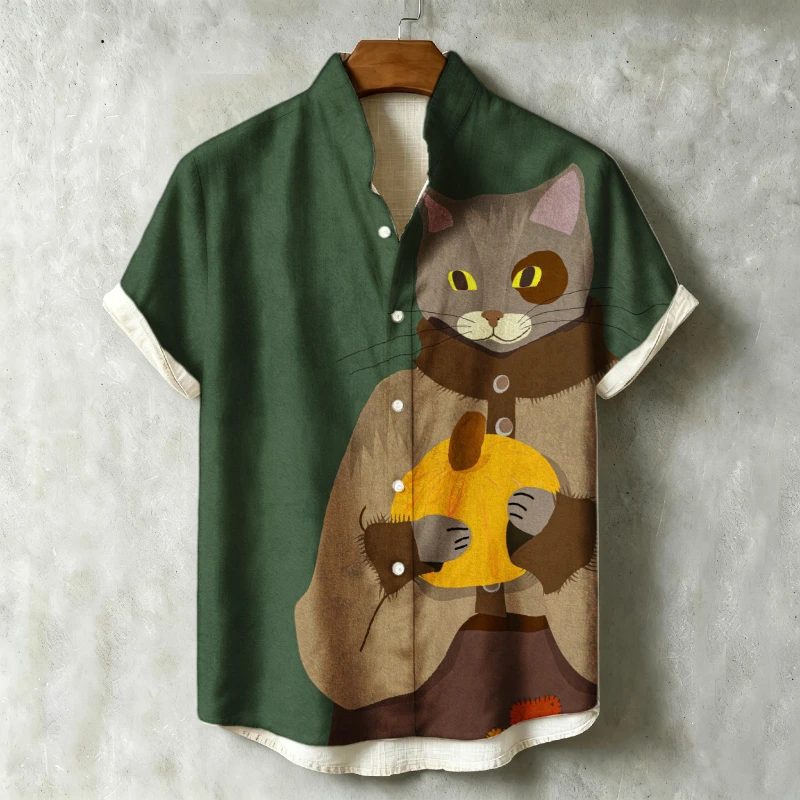 Plus Size Mens Halloween Cat Pumpkin Graphic Shirt Stand Collar Short Sleeve Button Up Retro Art Print Summer Beach Tops