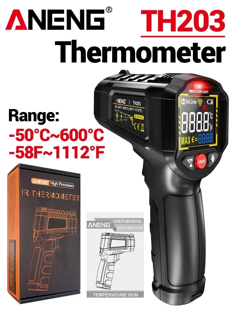 Infraroodthermometer -50~600 ℃   Digitale temperatuurmeter Contactloze pyrometer Tester IR-hygrometer Industrieel gereedschap ANENG TH203