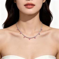 Pink Heart CZ Charm Chokers Necklaces Iced Out Full Bling 5A Zirconia Tennis Chain Necklace for Women Fashion Jewelry for Party