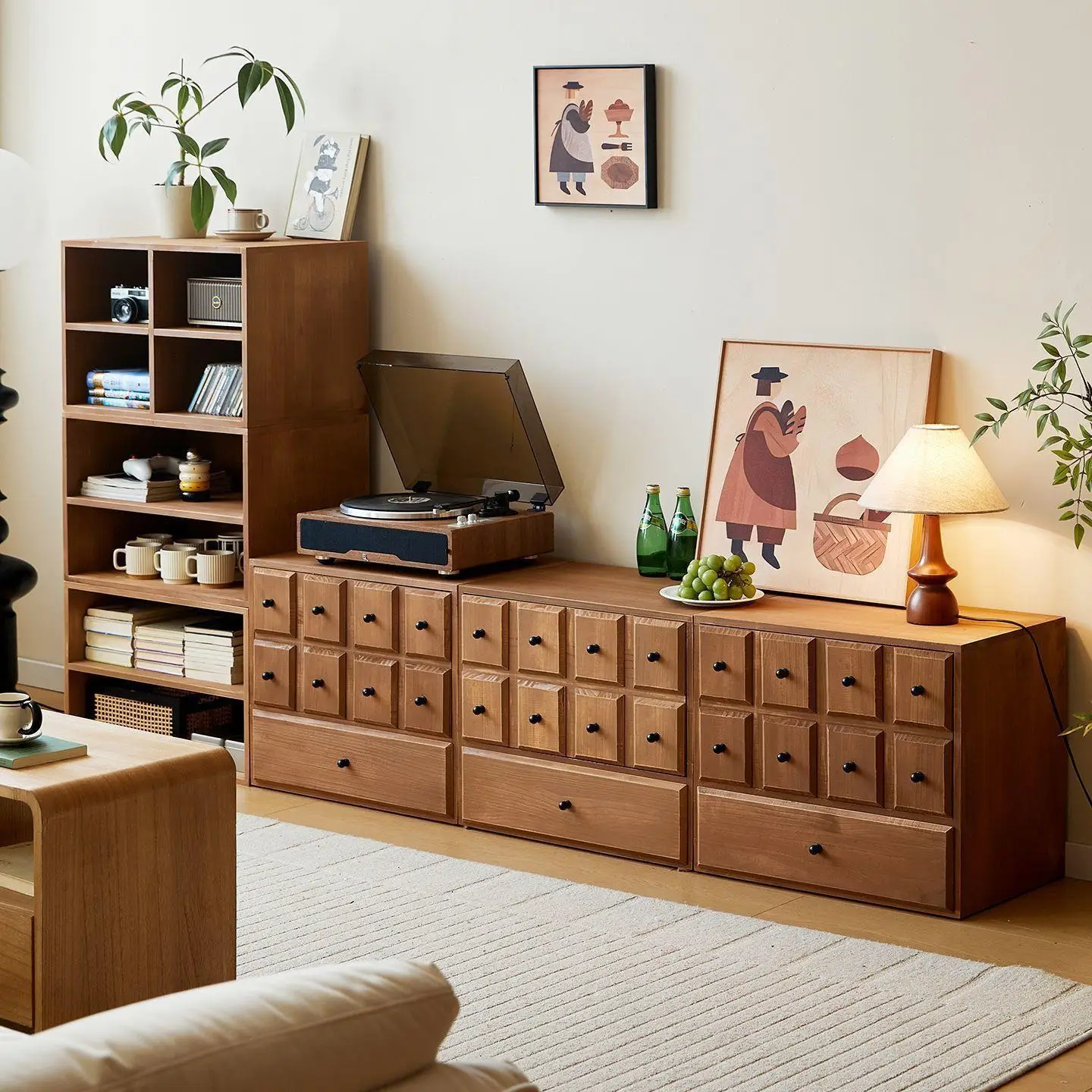 

PYJ solid wood floor module combination TV cabinet living room side cabinet retro bedroom locker