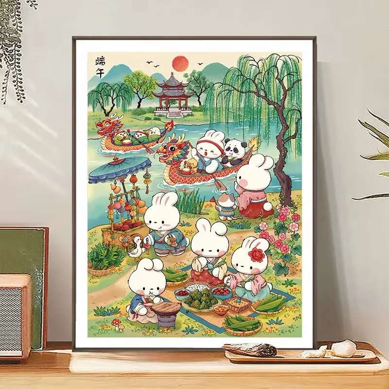 Dragon Boat Race Rabbits Printed on Canvas 9CT 11CT DIY Cross Stitch Sets For Embroidery Kit Needlework Home Decor 40 Colors