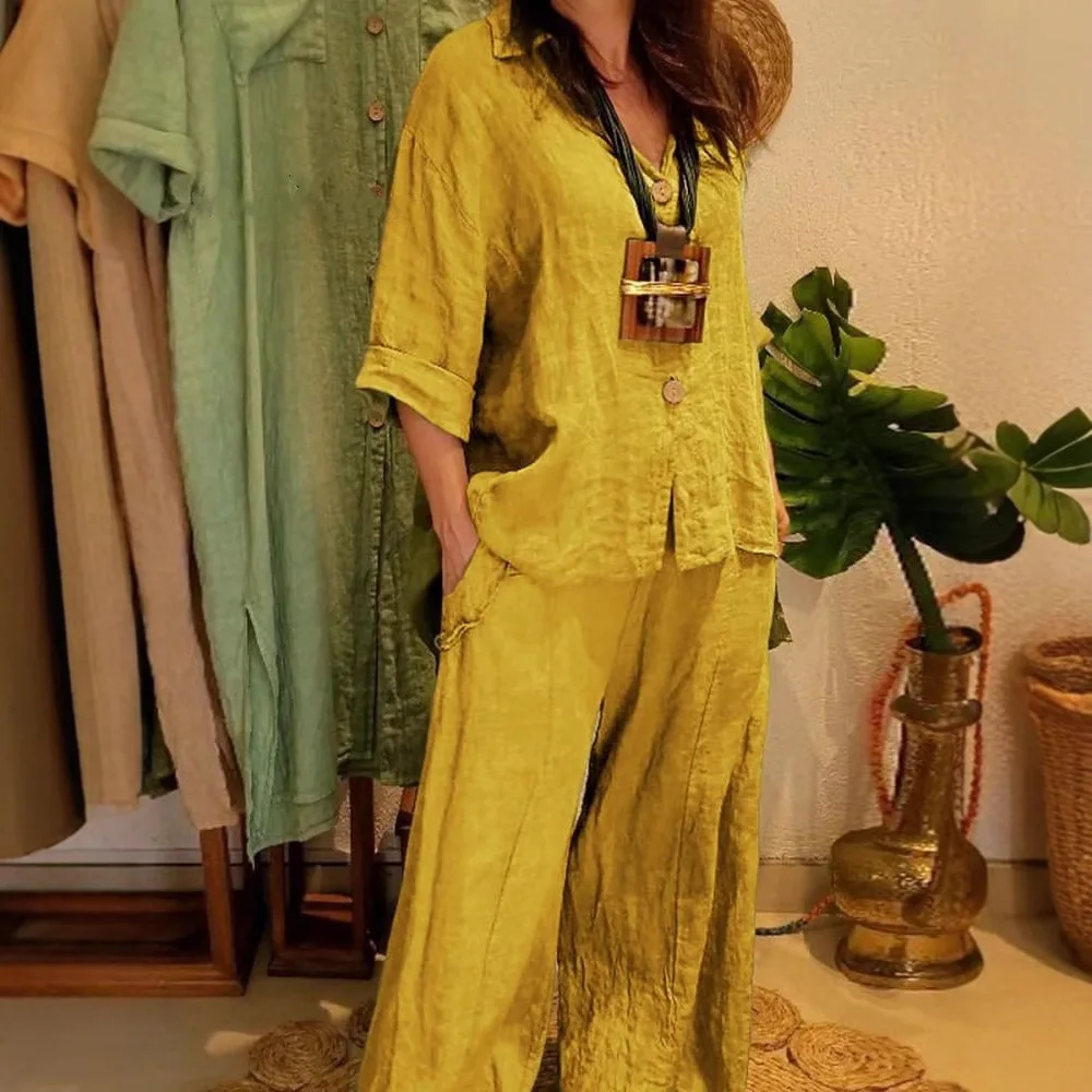 

Women's Cotton Linen Solid Color Two-piece Sets Spring Autumn Fashion V Neck Top Elastic Waist Loose Wide Leg Pants Set 2025