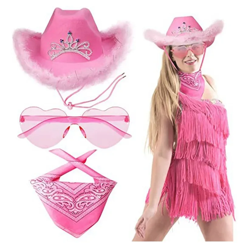 Halloween Kobiety Western Pink Cowgirl Puszysty kowbojski brokatowy kapelusz Karnawałowy dodatek do kostiumu na imprezę Zestaw kapeluszy