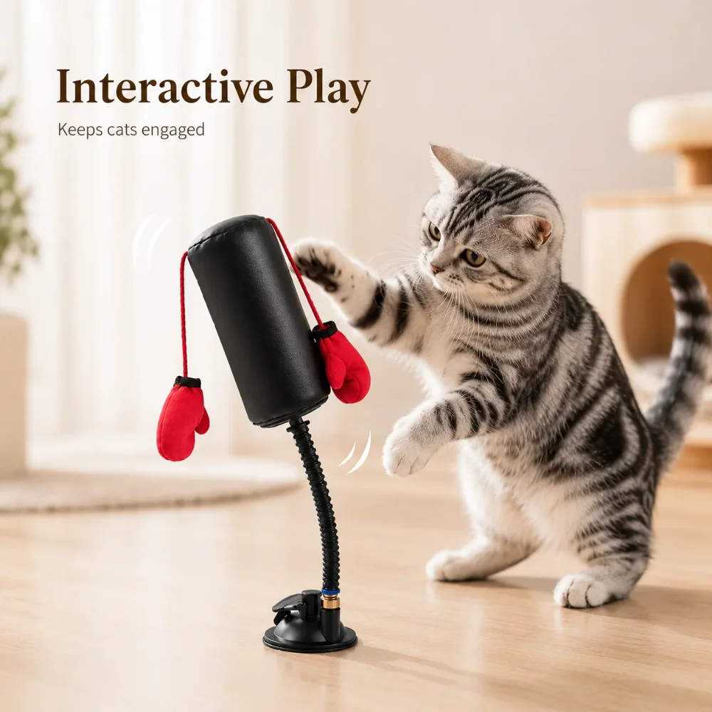 1x Brinquedo de Boxe para Gatos Paw Punch - Saco de Pancadas Interativo com Luvas de Boxe para Exercício Interno, Atividade Durável com Ventosa