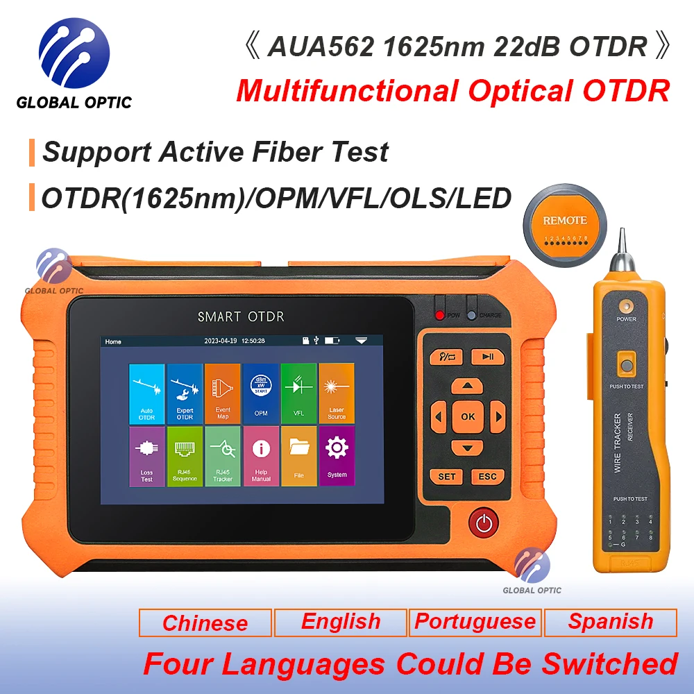 

New OTDR AUA 562 UPC/APC 1625nm 22dB Fiber Optic Reflectometer Touch Screen VFL OLS OPM Event Map 4 languages can be switched