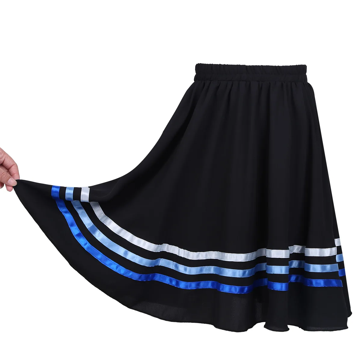 Gonne da ballo tradizionali spagnole di flamenco Gonna da ragazza in chiffon elastico in vita con nastri a cerchio completo Gonne da esibizione di altalena di grandi dimensioni