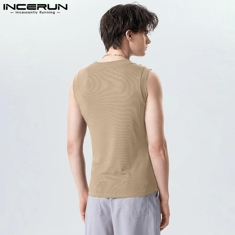 INCERUN Tops 2023 Handsome New Mens Pleated Design Solid All-match Vests Casual Male Comfortable Knitted O-neck Waistcoat S-5XL