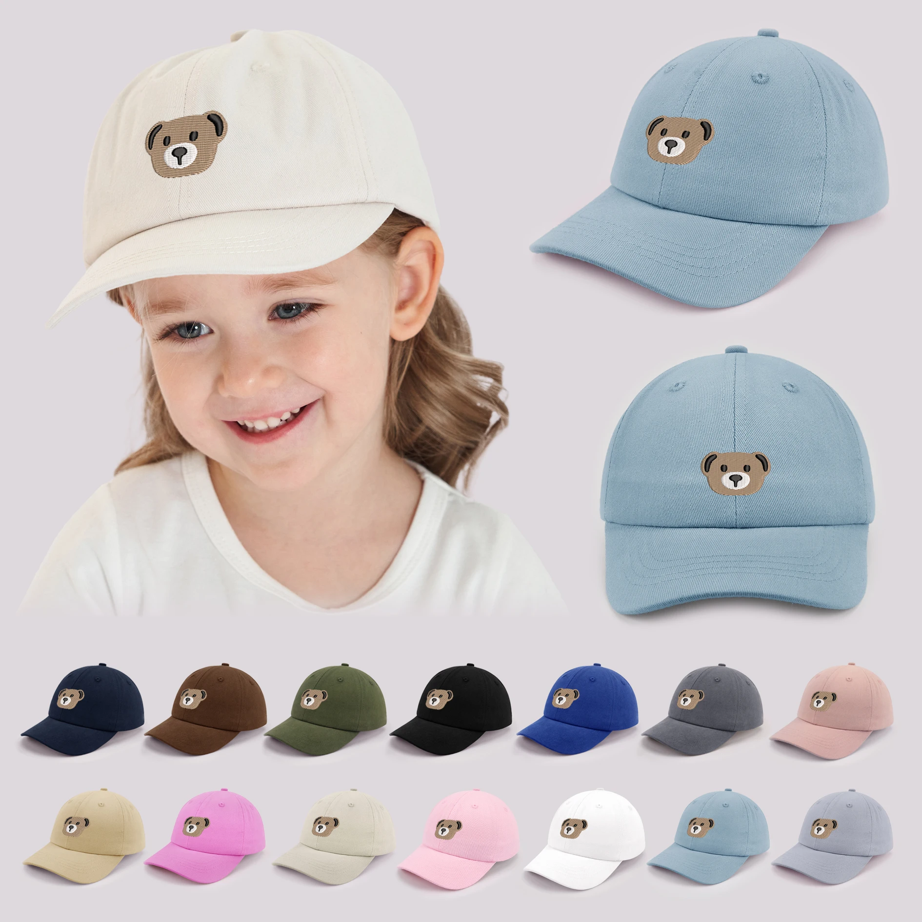Cartoon Bear Baby Baseball Cap Cute Solid Color Toddler Sun Hat with Ears Summer Adjustable Kids Boy Girl Peaked Cap