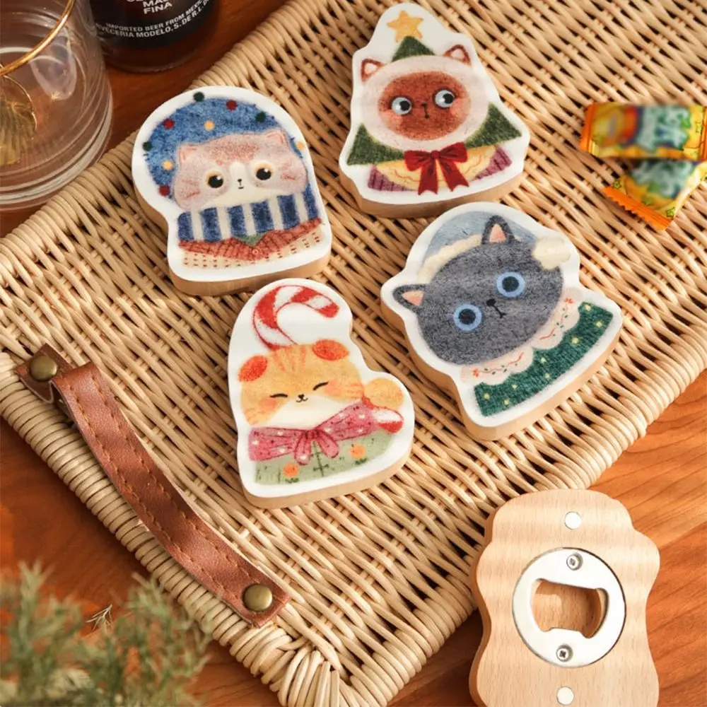 

Creative Cat Shaped Bottle Opener Cute Solid Wood Cartoon Beer Bottle Openers Refrigerator Sticker Magnetic Wine Opening Tool