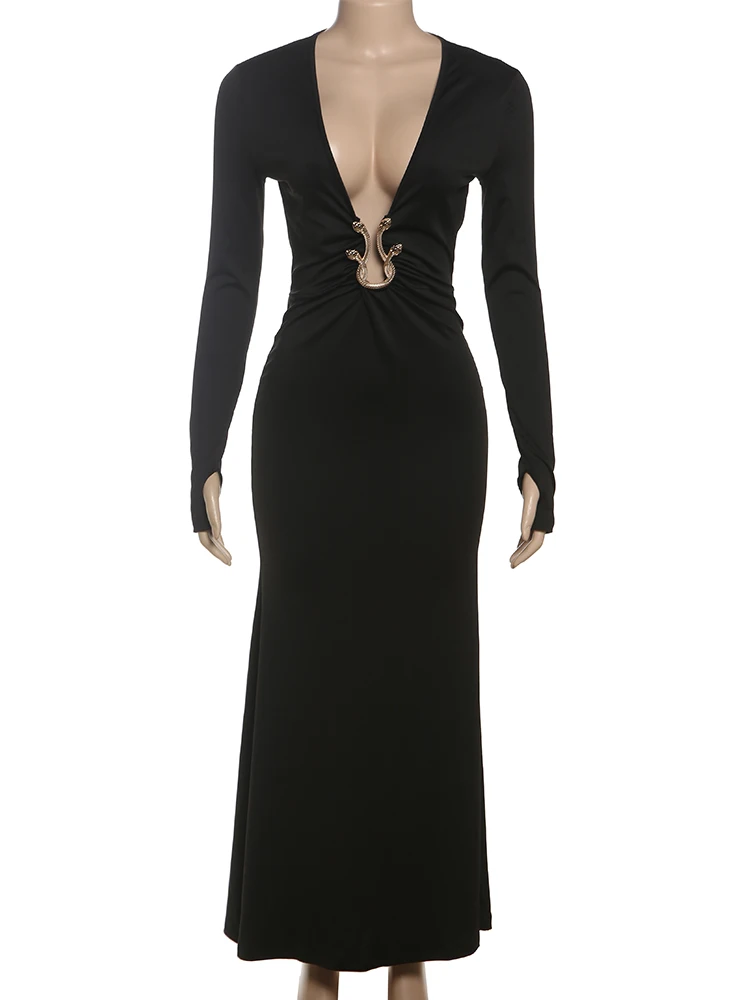 Raar Poes Metalen Ruches Jurk Vrouwen Diepe V-hals Lange Mouw Sexy Stretch Elegante Banket Hipster Verjaardag Prom Party Vestidos