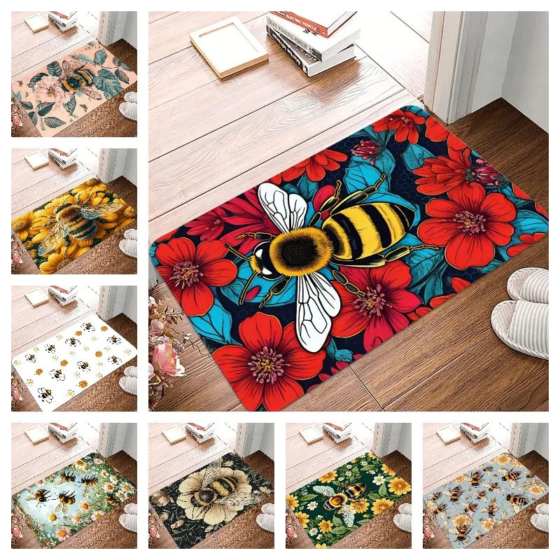 Bees and Flowers Printing Non-Slip Small Rug Waterproof Easy Clean Floor Mat for Indoor Outdoor Use Durable Home Decor Fashion