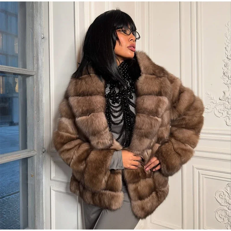 Women Patchwork Faux Fur Coat Elegant Contrast Full Sleeve Lapel Loose Long Staple Plush Jacket Winter High Street Outerwears