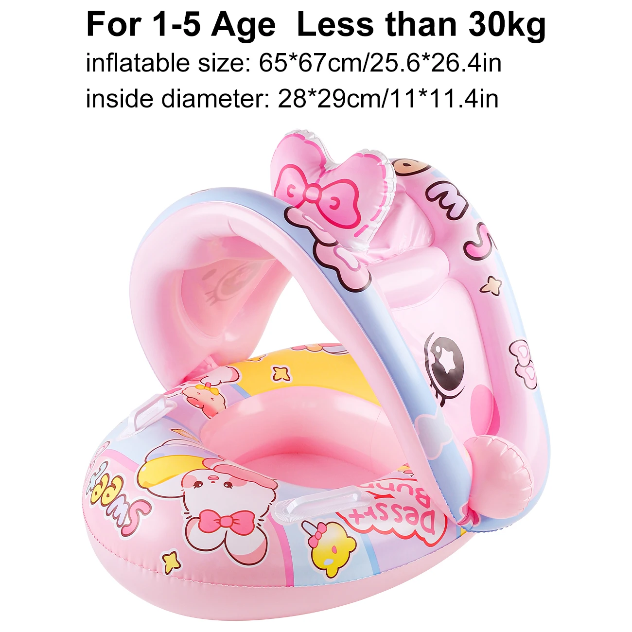 Tumbona inflable con sombrilla rosa de conejito bonito, anillo de natación con reposabrazos esencial de verano para niños menores de 30KG, 1 ud.