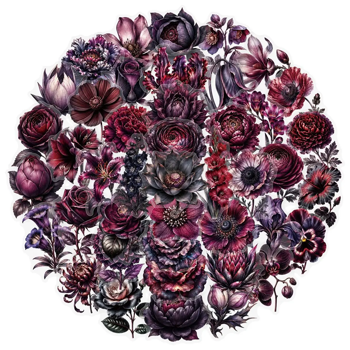 50PCS Dark Gothic-Style Flowers Transparency Aesthetics Stickers Decoration Luggage Phone Guitar Scrapbook Waterproof Stickers