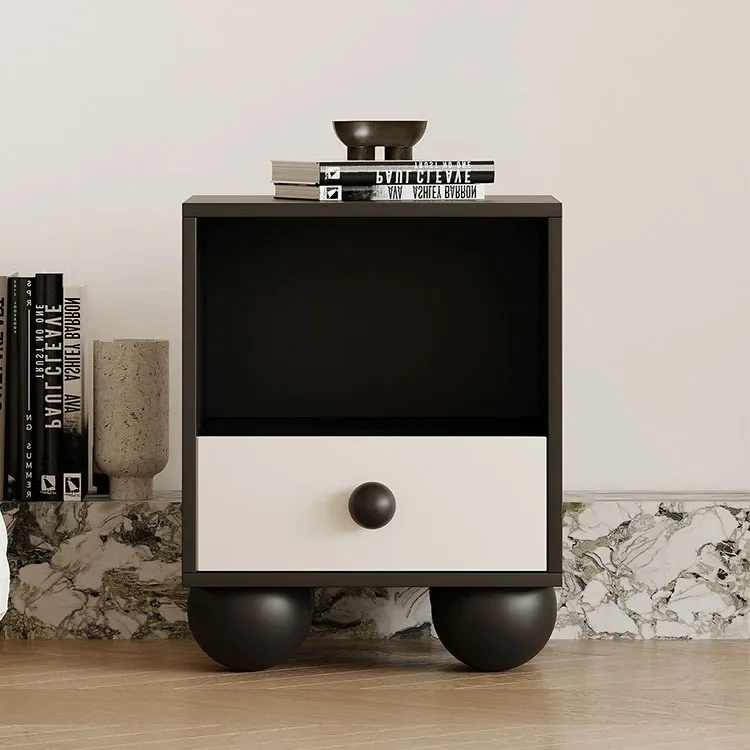 

Cream style black and white bedside cabinet, modern and minimalist bedroom, small bedside storage cabinet, French design, and be