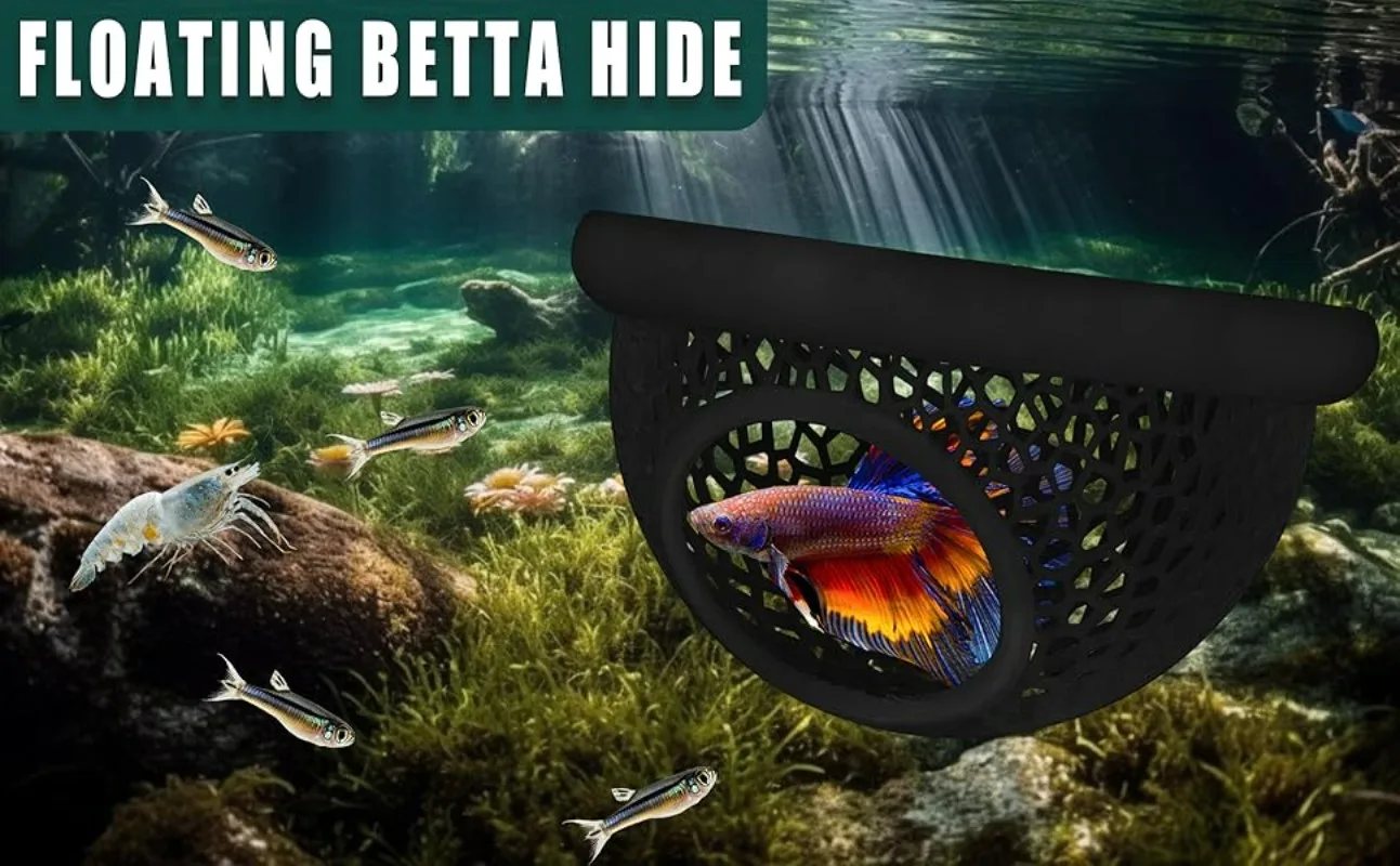 Schwimmende Betta-Unterschlupf- & Garnelen-Höhle, 3-in-1 Aquarium-Deko: Hängematte, Futterring & Ruheplatz für Betta, Garnelen & kleine Aquarien-Tiere – Detail 1