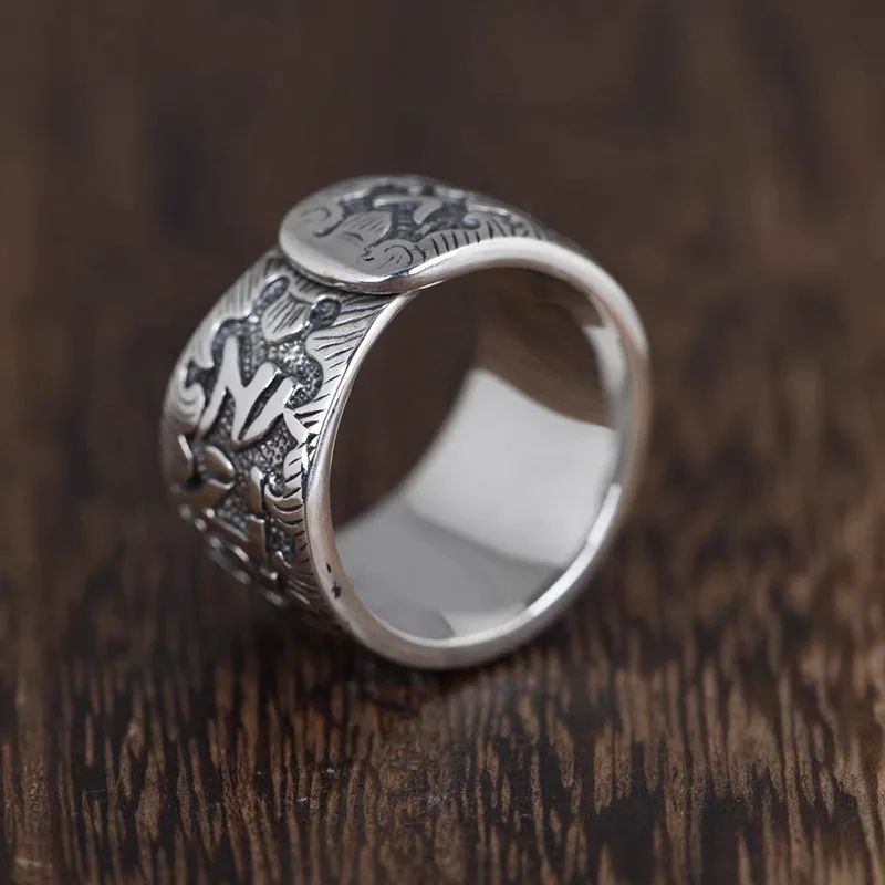 Ethnic Style Lotus Buddhist Scriptures Ring Men Jewelry Blessing Six Character Great Bright Mantra Ring Male Finger Accessories