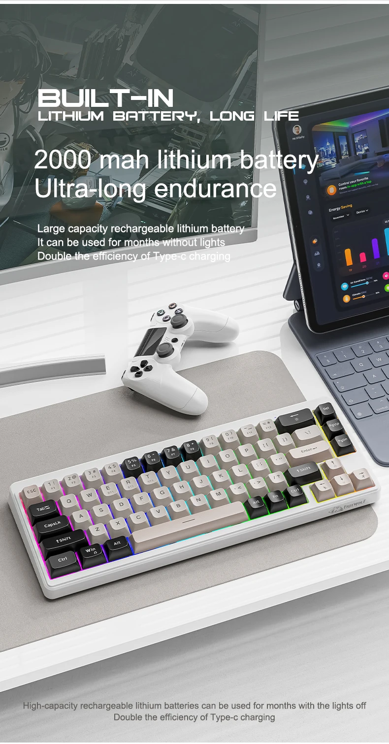 Teclado FREEWOLF M68 de 68 teclas com conexão tri-mode Bluetooth sem fio para jogos e esportes eletrônicos PBT Caps