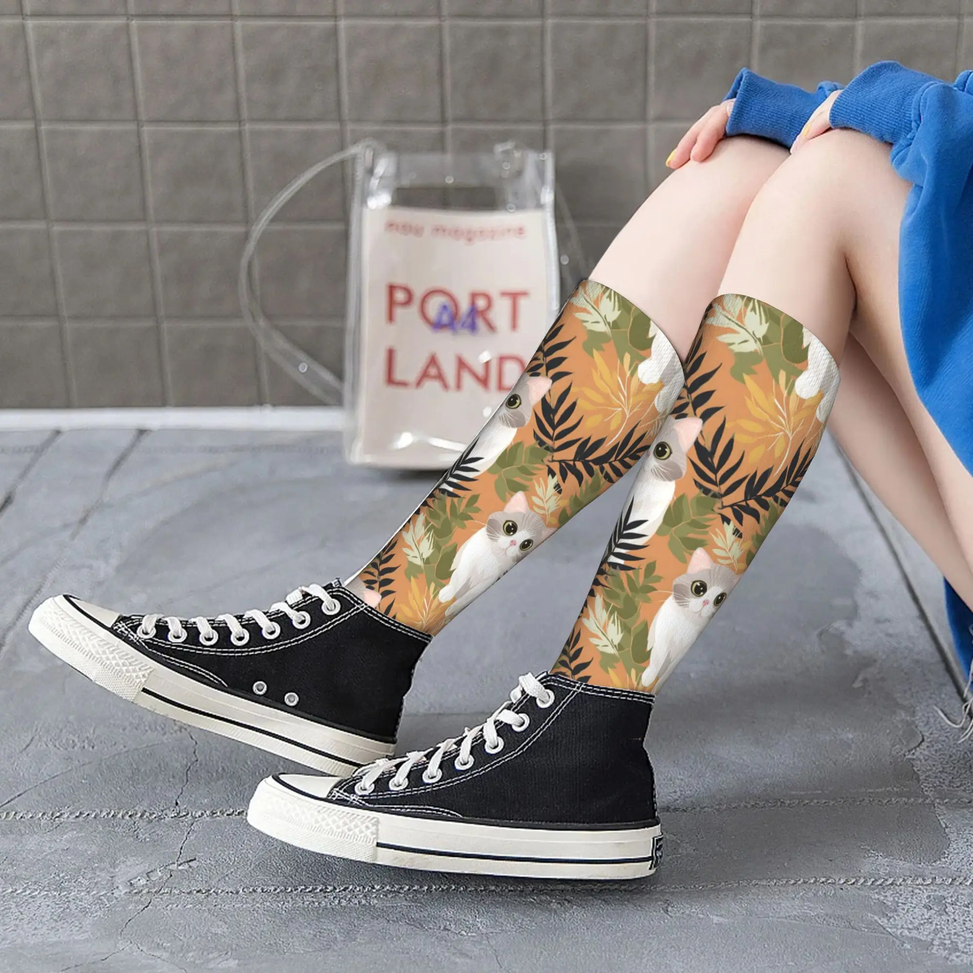 All Seasons Crew Stockings Gray Ginger And Siamese Kittens Cats Socks Casual Hip Hop Long Socks Accessories for Men Women Gifts