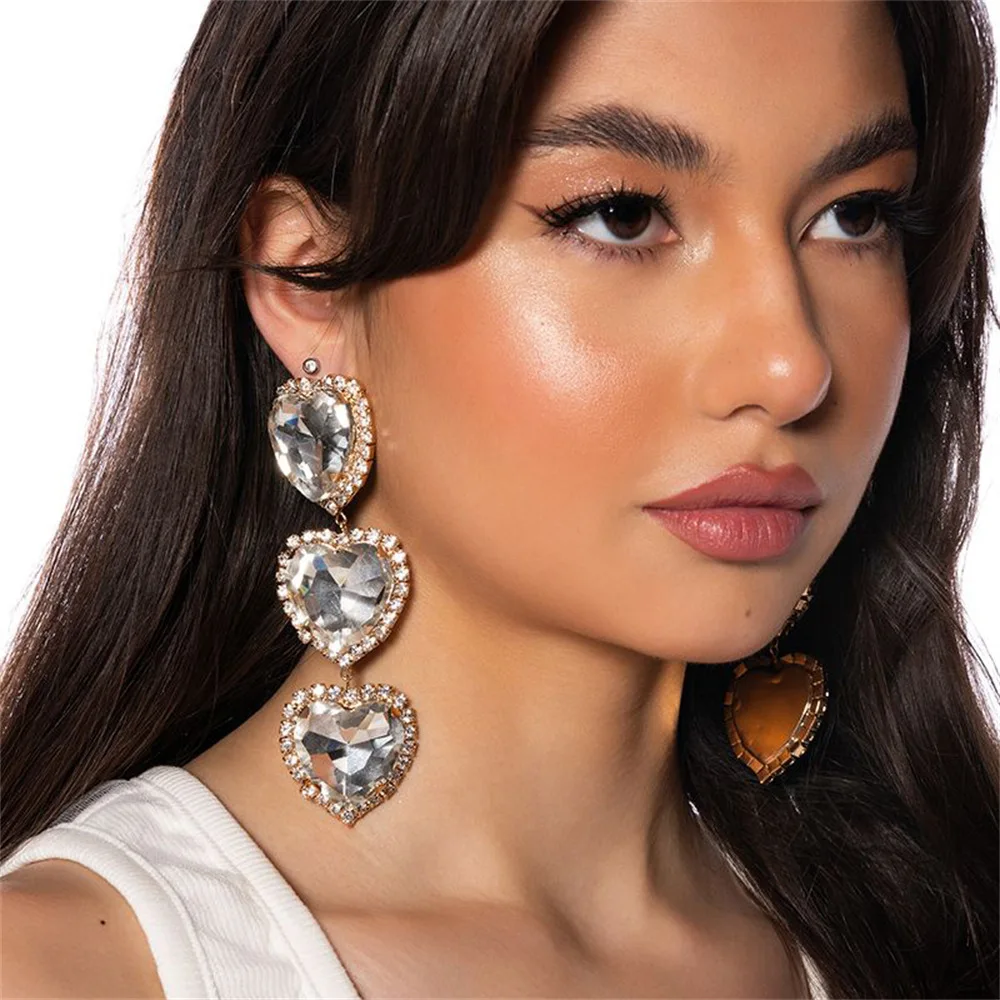

Rhinestone Large Heart Dangle Earrings Statement Jewelry for Women Fashion Shiny Crystal Love Long Drop Earring Accessories Gift
