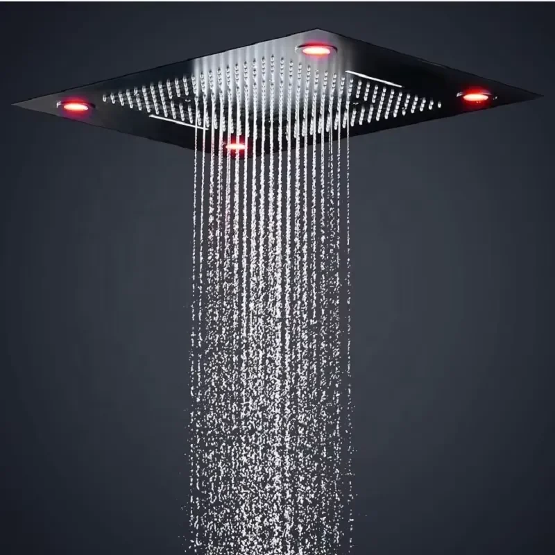 6 Functions High Pressure Bathroom Black Shower Faucets 600*600MM Waterfall LED Shower Panel Thermostatic Mixer Shower Head view 5
