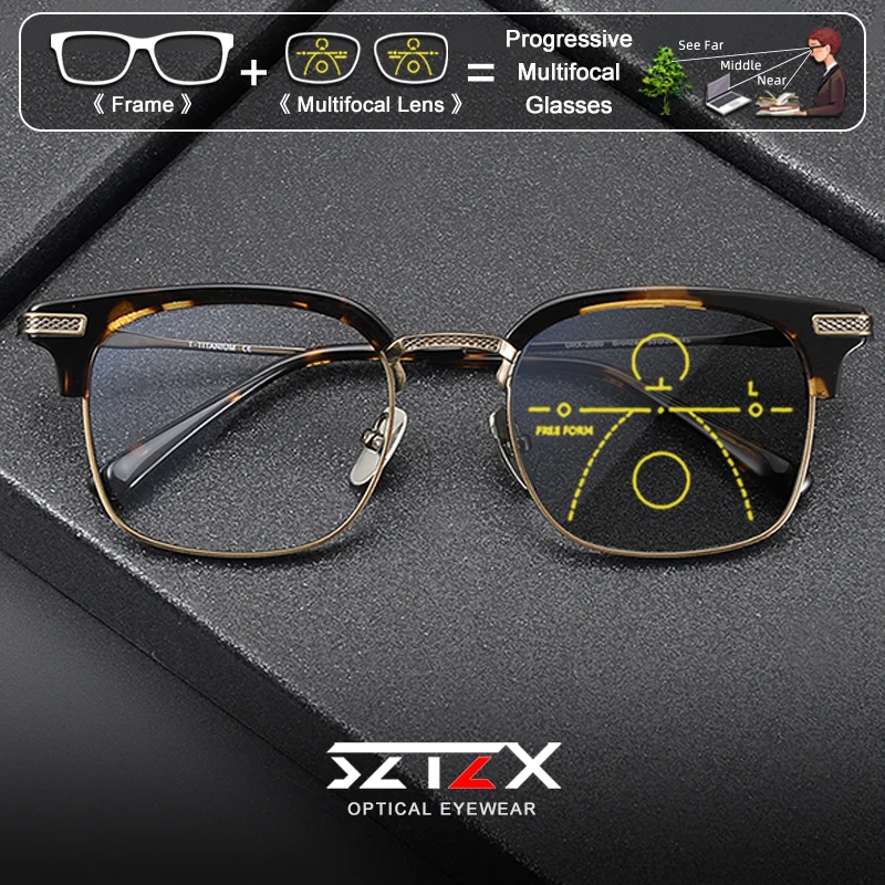 Lunettes de vue SZTZX en acétate et titane pour hommes, monture sourcil, anti-lumière bleue, photochromiques, progressives, pour myopie
