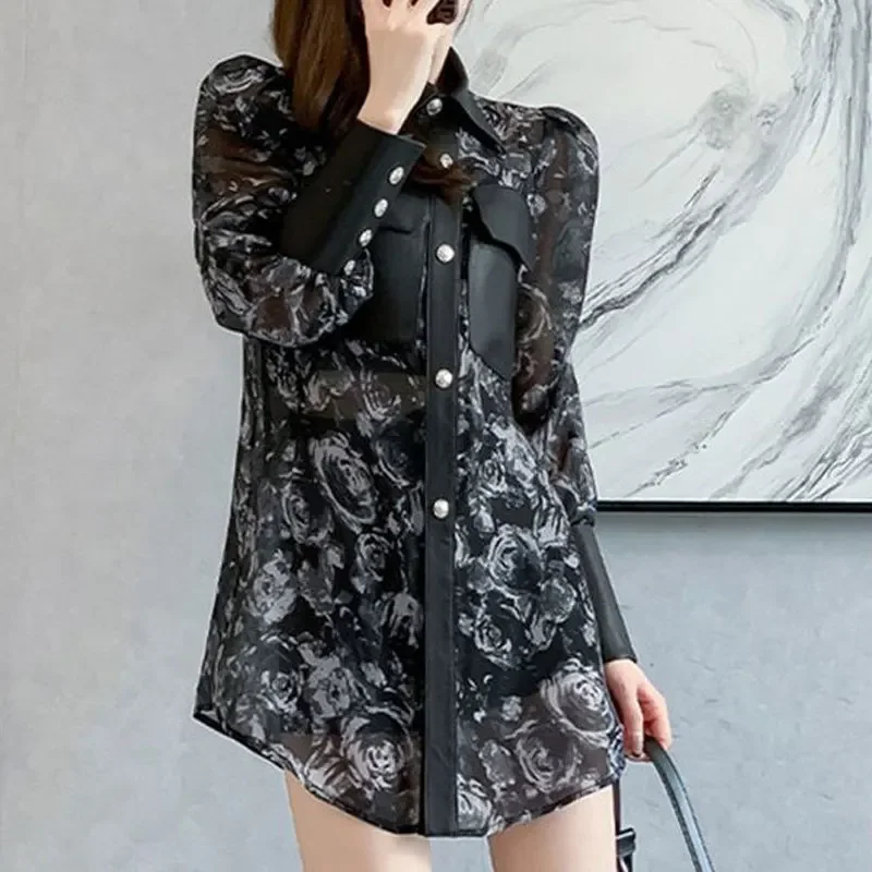 

Vintage Printed Stylish Leather Patchwork Blouse Women's Clothing Elegant Chic Single-breasted Spring New Polo-Neck Shirt ZL338