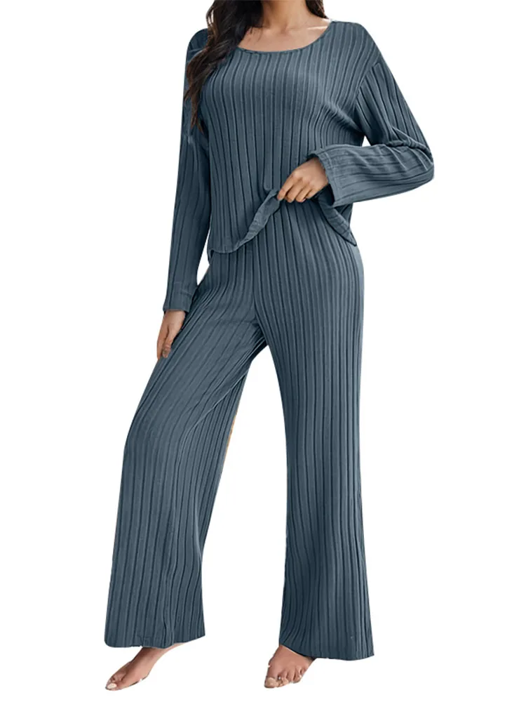 ZANZEA Homewear Leisure Pant Sets Long Sleeve O Neck Blouse Women Casual Loose Ribbed Knitted 2pcs Outfits Autumn 2-Piece Sets