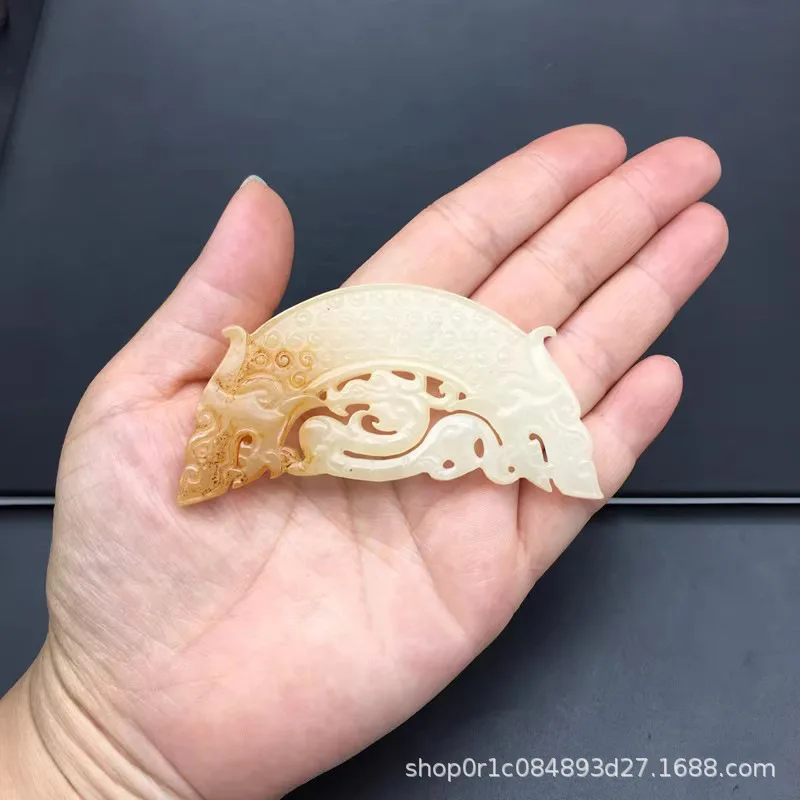 Natural White Jade Pendant with Dragon Design, Semi-Circular Tadpole Pattern Carved Jade Waist Pendant