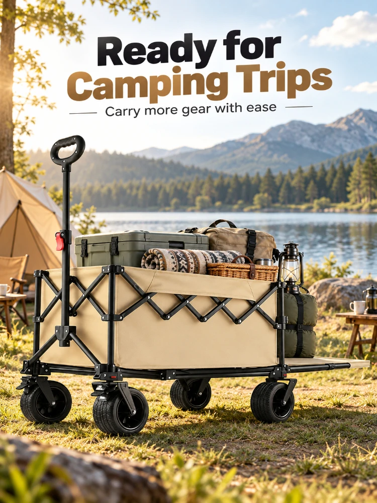 Gather the model and open the trailer camper. Strong load-bearing outdoor folding camping cart can lie down in the camp.