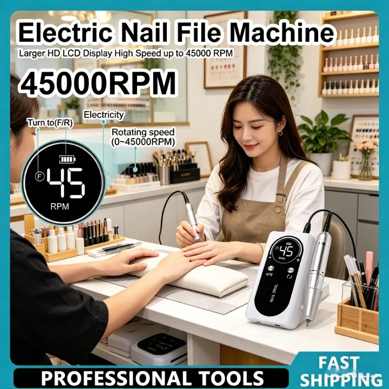 

45000RPM Electric Nail Sander Portable Rechargeable Low Noise Professional Nail Drill