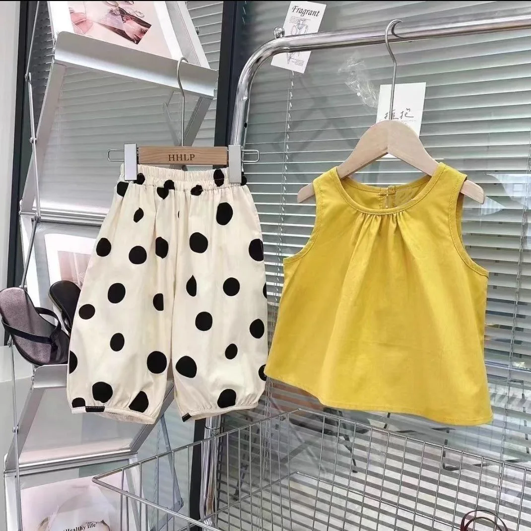 

Летние костюмы для девочек, модная однотонная майка с круглым вырезом + брюки, детская одежда, комплект из двух предметов