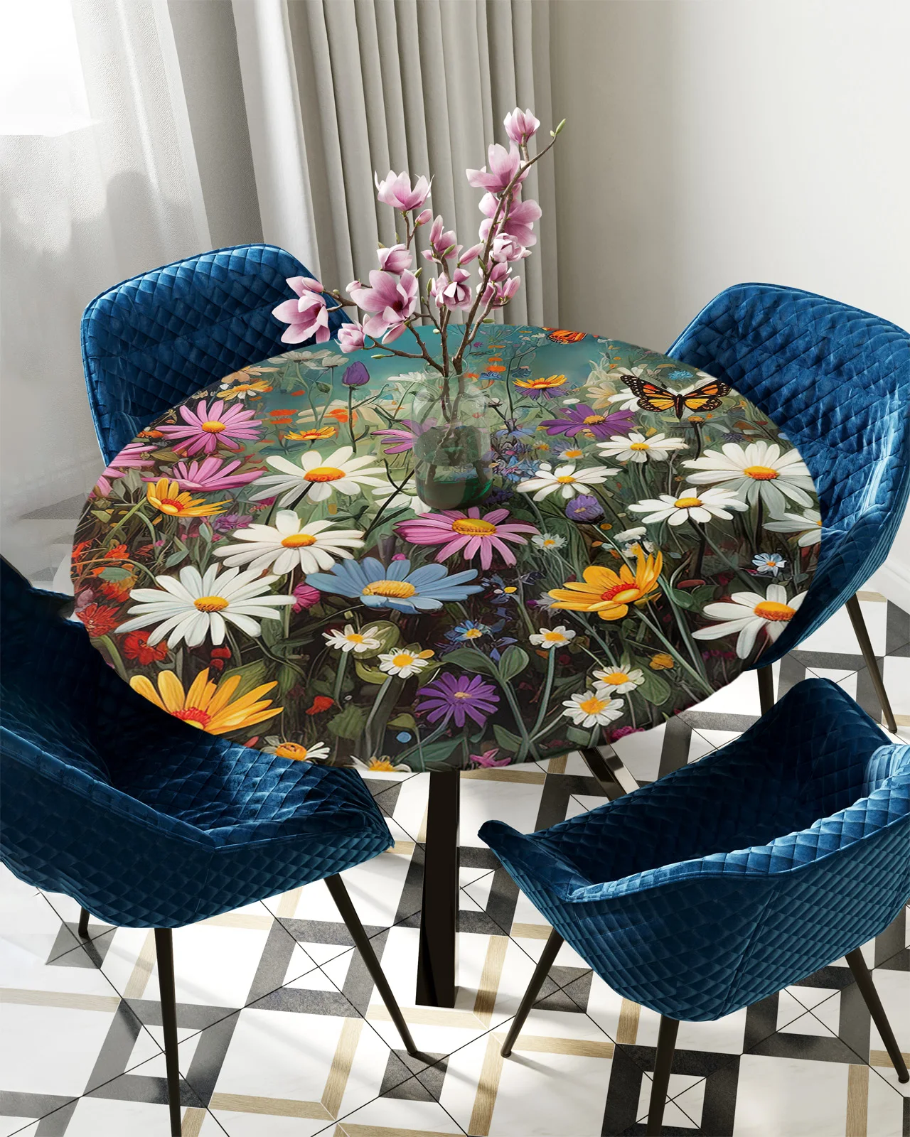 Flower Bud Butterfly Flower Cluster Round Tablecloth Elastic Table Cover Rectangle Waterproof Dining Table Decoration Accessorie