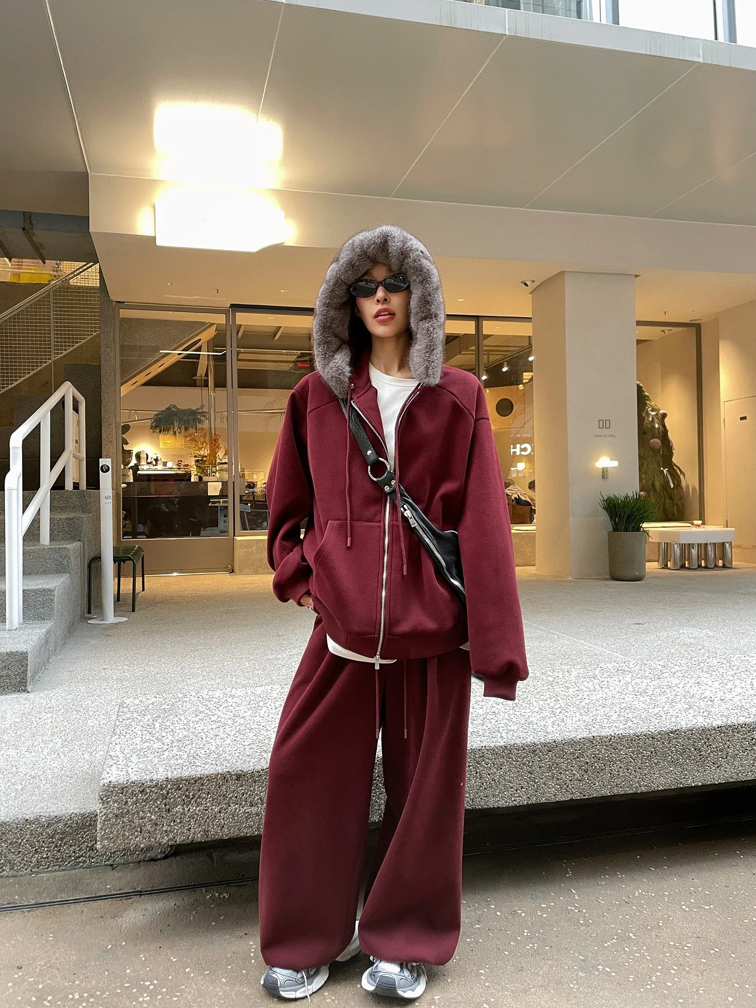 

JCCC adow Warm Fce Thiened Detachable Fur Collar Hoodie Sweatpants Set Casual Sle Long Sve Cotton Zipper Cardigan