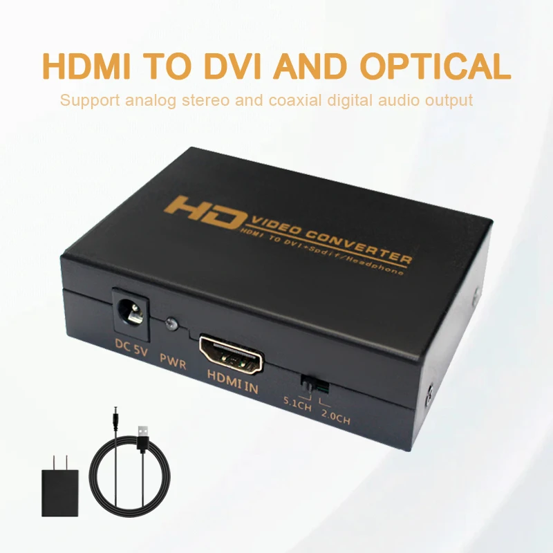 Konwerter HDMI do DVI, wyjście optyczne i 3.5mm audio, kompatybilny z HDTV/projektor/PS4/TV, pudełko, plug and play