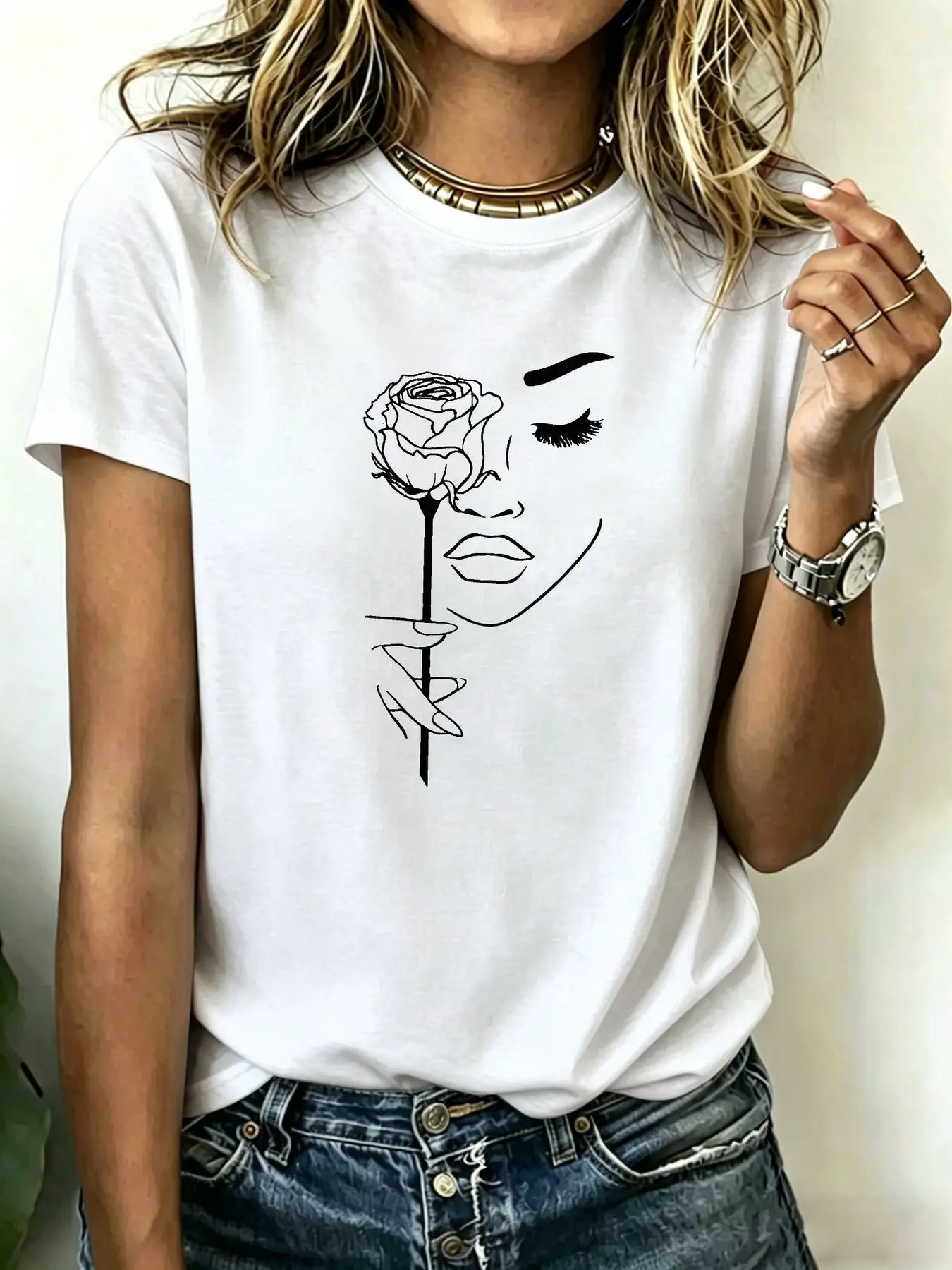 T-shirts pour femmes grandes tailles, T-shirts graphiques minimalistes avec motif de visage de rose en ligne noire, hauts décontractés à manches courtes pour l'été - Parfait G