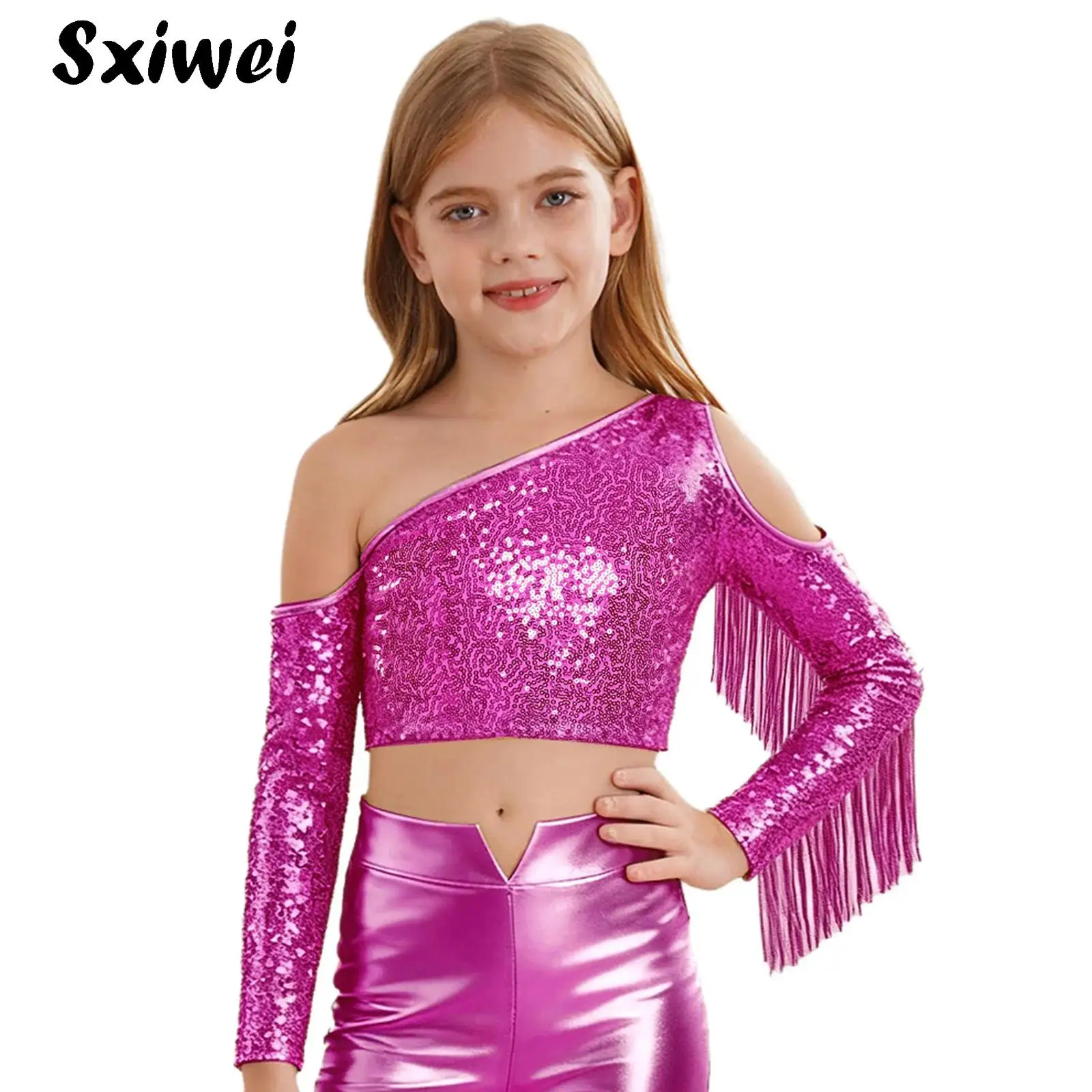 

Tassels Teen Girls Jazz Dance Cheerleading Tops One Shoulder Long Sleeve Sequin Crop Vest School Party Stage Performance Costume