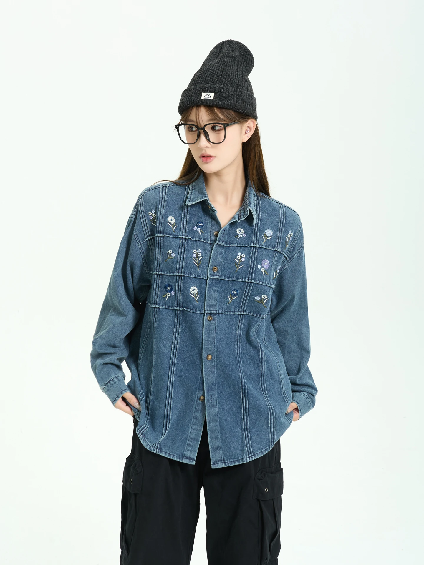

7KEEWEN Early Autumn American Retro Loose Trendy Brand Embroidery Design Sense Denim Long Sve irt Women's Top Street S...