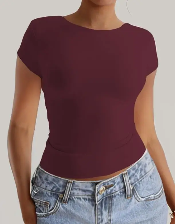 

Women's T-Shirt Summer New French Elegant Sexy Solid Color Simple Round Neck Backless Versatile Tight Short Sleeved T-Shirt