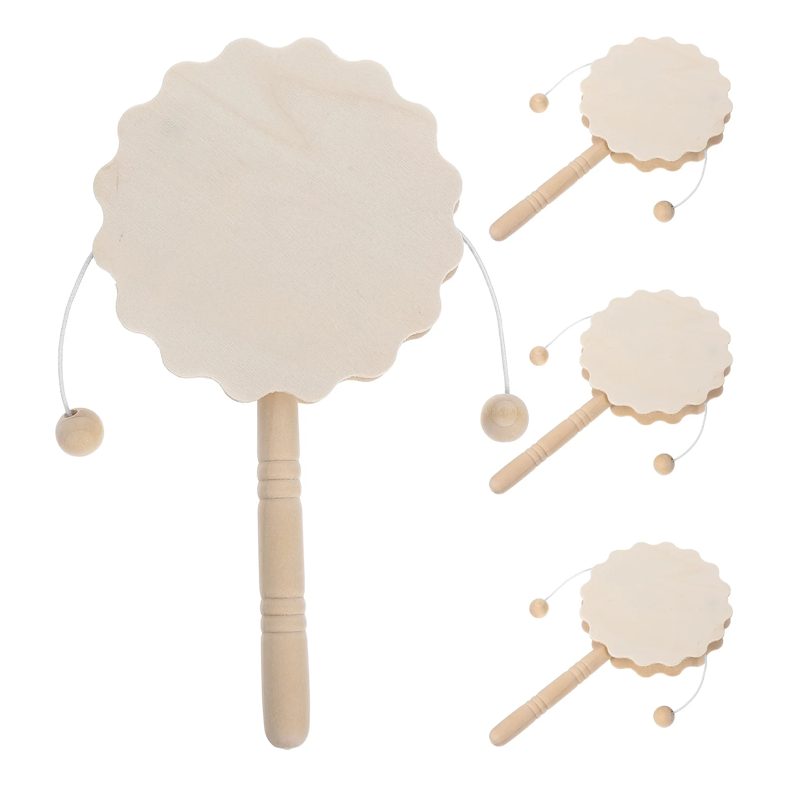 4개 미완성 나무 딸랑이 드럼 DIY 페인팅 어린이용 손으로 그린 공예품 그래피티 딸랑이 드럼 나무 DIY 장식품 수공예품