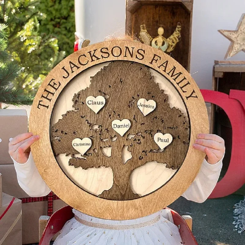 Family Tree with Heart Labels Wooden Home Decor Carving Crafts Customizable Souvenirs Christmas Mother's Day DIY Love Gifts