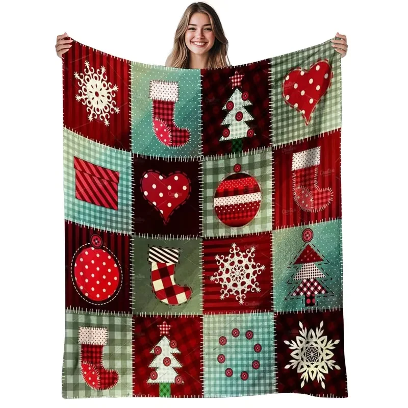 1pc Soft Warm Flannel Blanket - Burgundy Green Plaid & Red White Grey Patchwork Design with Christmas Tree Hearts Snowflakes