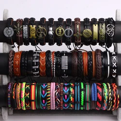 10/20/30/50/100Pcs/Lot Wholesale Punk Retro Leather Handmade Bracelet Men Women Metal Weave Bangles Mix Style Jewelry Party Gift