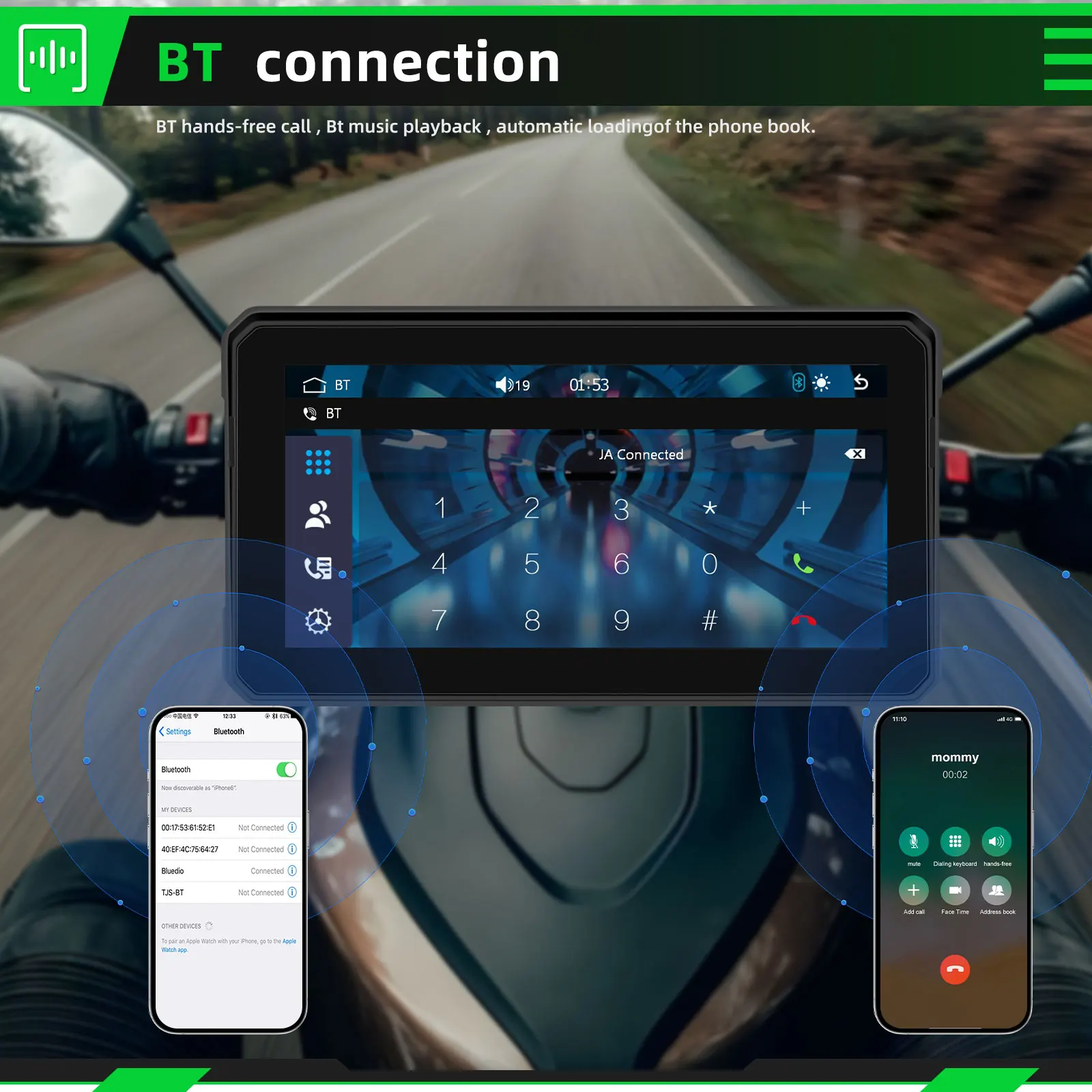 Podofo 6-Zoll-Bildschirm, kabelloses Carplay, Android Auto, tragbarer Smart-Player, IP68-wasserdichtes Display für Motorräder.