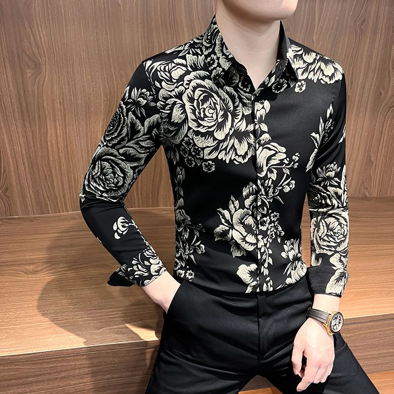 

Мужская рубашка с длинным рукавом, роскошная повседневная и официальная рубашка на пуговицах в стиле барокко с цветочным 3D принтом, элитные деловые повседневные топы