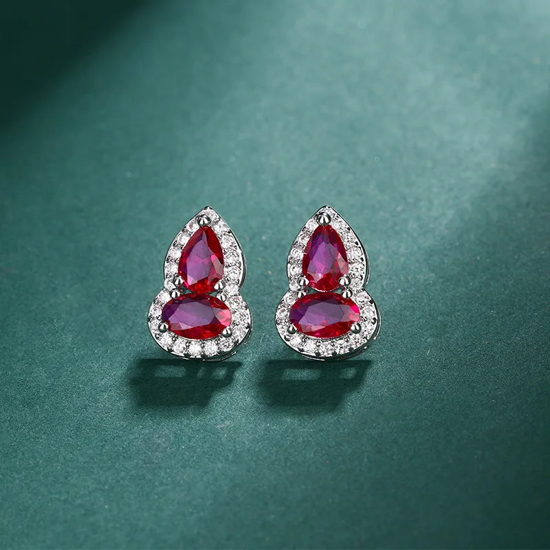 S925 Silver Needle European and American Style Blood Pomegranate Red Corundum Gourd Bracelet and Earring Set for Women